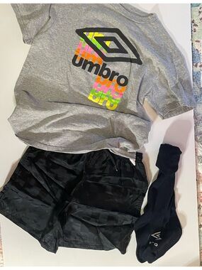 Umbro Kids Black Athletic Shorts with Gray T-Shirt and socks